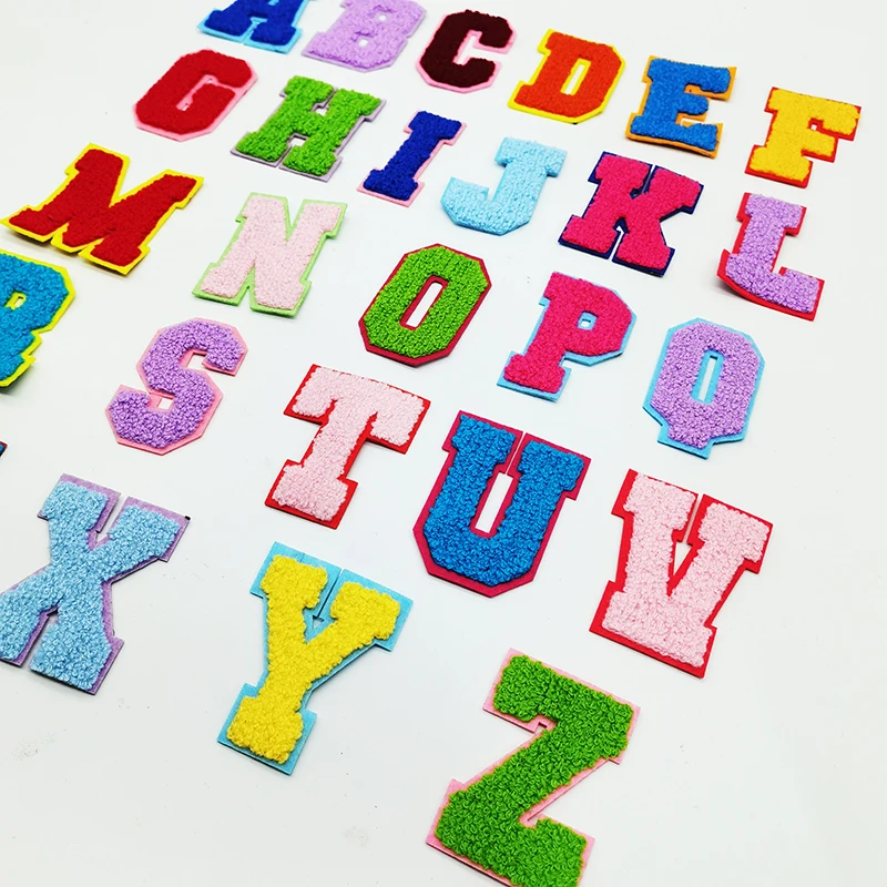 26 alphabets heat press backing colorful towel chenille letter patch iron on chenille patches for garment hat hoodie
