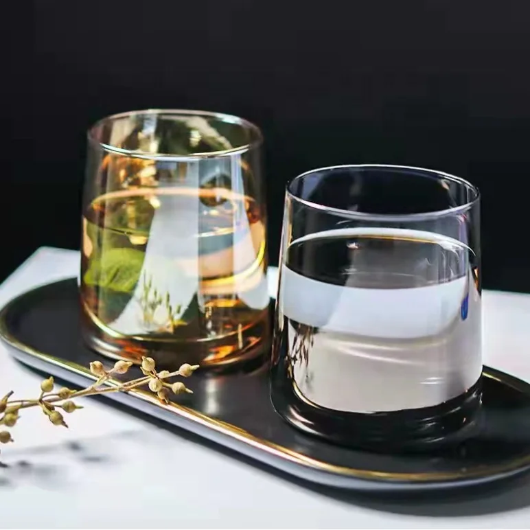 Custom Logo 4 Colors Clear Iridescent Amber Gray Slanted Glass Jars Luxury 6oz 8oz Glass Cups for Juice Water Whisky