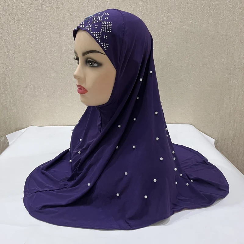 Wholesale adult muslim hijab with handmade beads islamic scarf shawl headscarf hat armia pull on wrap XDH016