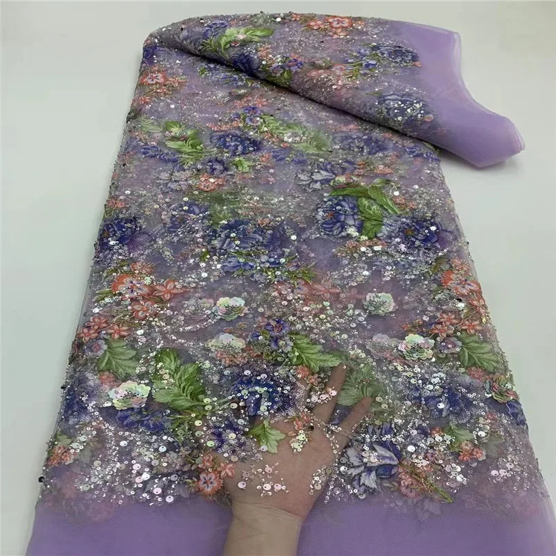 100% Polyester fabric Tejidos bordados colorful sequin 3d Embroidery lace Nigerian Lace Fabric for wedding Dress