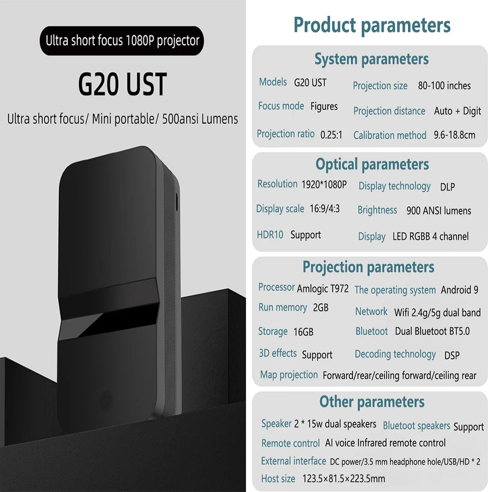 G20UST Ultra short focus 1080P 500 Ansi Lumens Auto focus Auto keystone home theater smart DLP Android projector for home use
