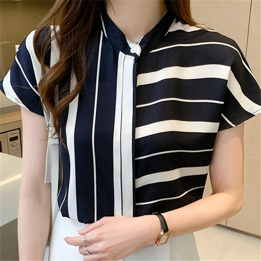 Wholesale New Arrival Oem Blouses Shirts Short Sleeve Summer Striped Chiffon Blouse Women Shirt Tops Ladies