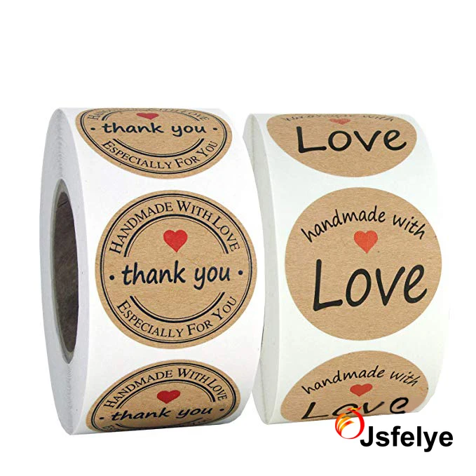 1.5 inch Round Kraft Handmade with Love Especially for You Thank You Stickers with Black Font and Red Heart