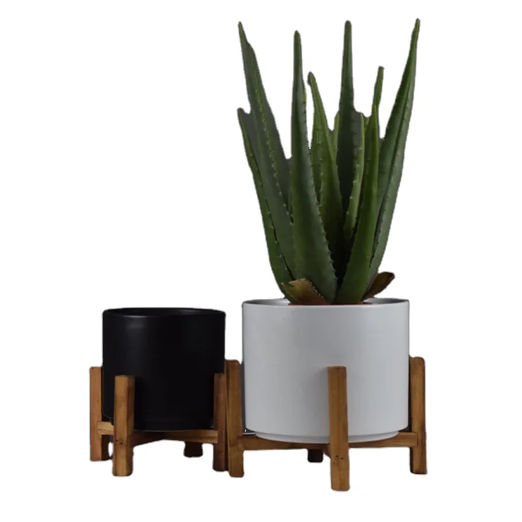 
Flower Planter with Wood stands Ceramic pots White & Black classical style succulents Indoor Garden 