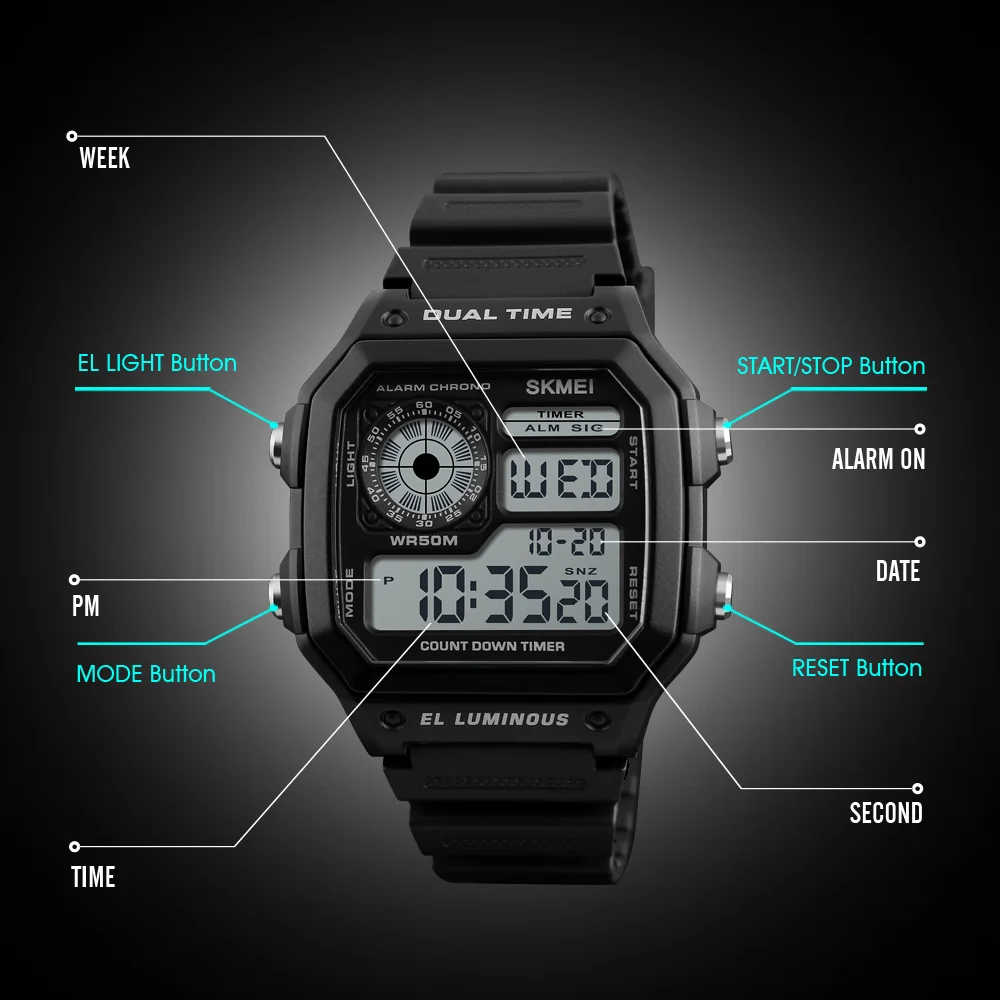 1299 skmei hot sale 50M Waterproof  Plastic Wrist Watch Retro Square  Multifunction Clock digital watches men