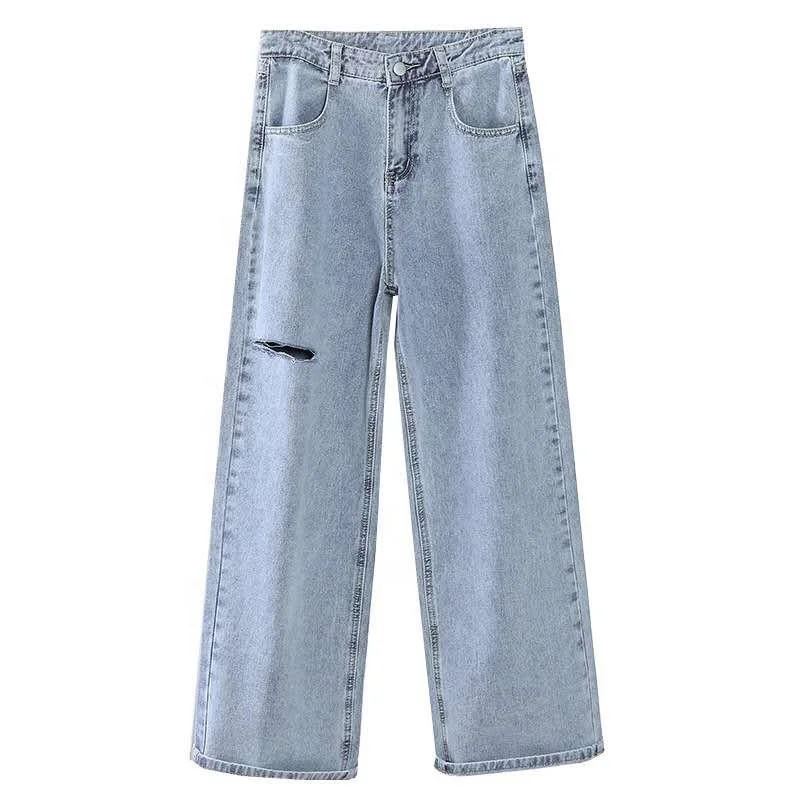 GZY Factory Stocks Fashion Women Straight Leg Integral Jean Pants Ladies Vintage Blue Distressed Women Jeans