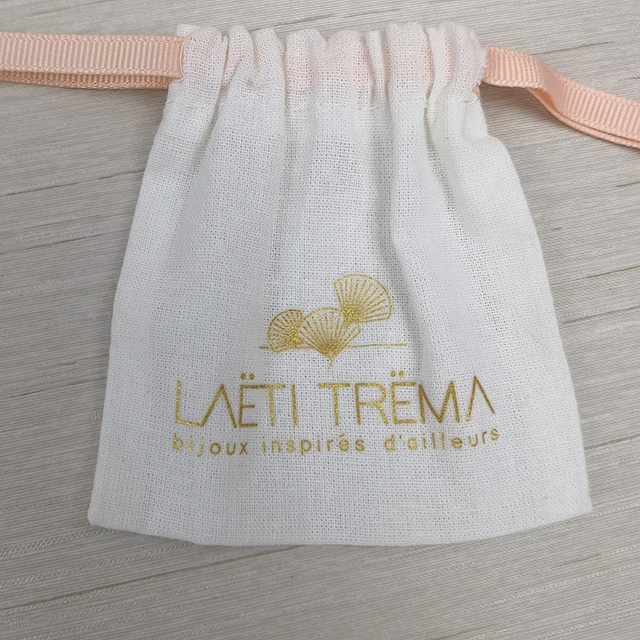 Recyclable Calico Gift Custom Logo Design Small Natural Color Bulk Recycled Jewelry Drawstring Cotton Pouch
