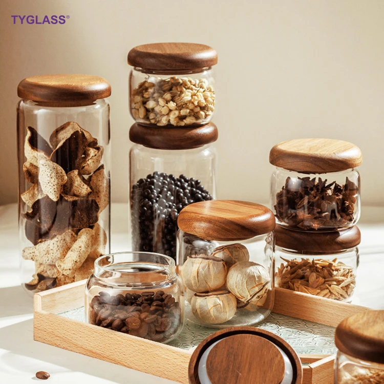 Borosilicate Mason Glass Spice Jar Delicate glass Coffee Storage jar with Airtight Acacia Lid for Kitchen Coffee  Srorage