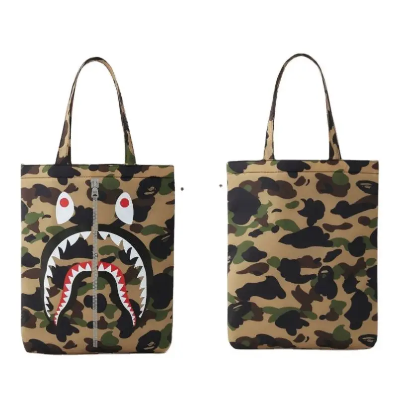 INS Hot BAPE Bags Camouflage Shark Red Eyes Black Teeth Print Simulated Zipper Tote Bags Trendy Shoulder Couple Bags