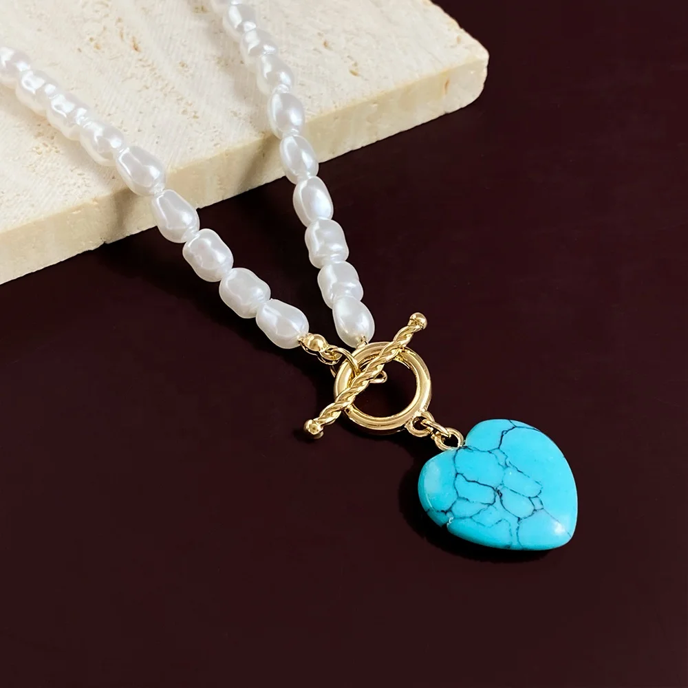 New design jewelry wholesale stone heart pearl beaded chain pendant necklace for women