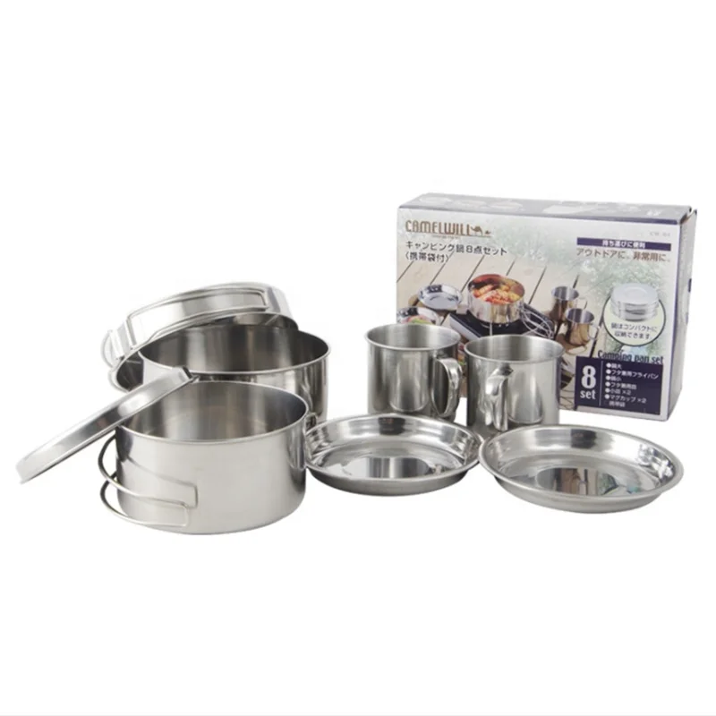 Outdoor 8pcs Pot Set Stainless Steel Cookware Mountaineering Picnic Set Bowl Portable Multi-function Storage Pot