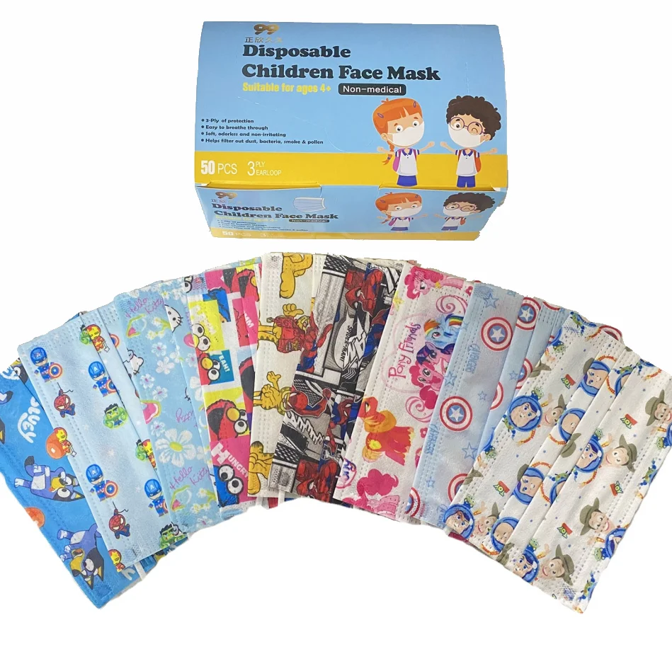 Cute Cartoon Printing 3 Layers Protective Masker Spunlance Fabric Disposable Face Mask for kids and adult