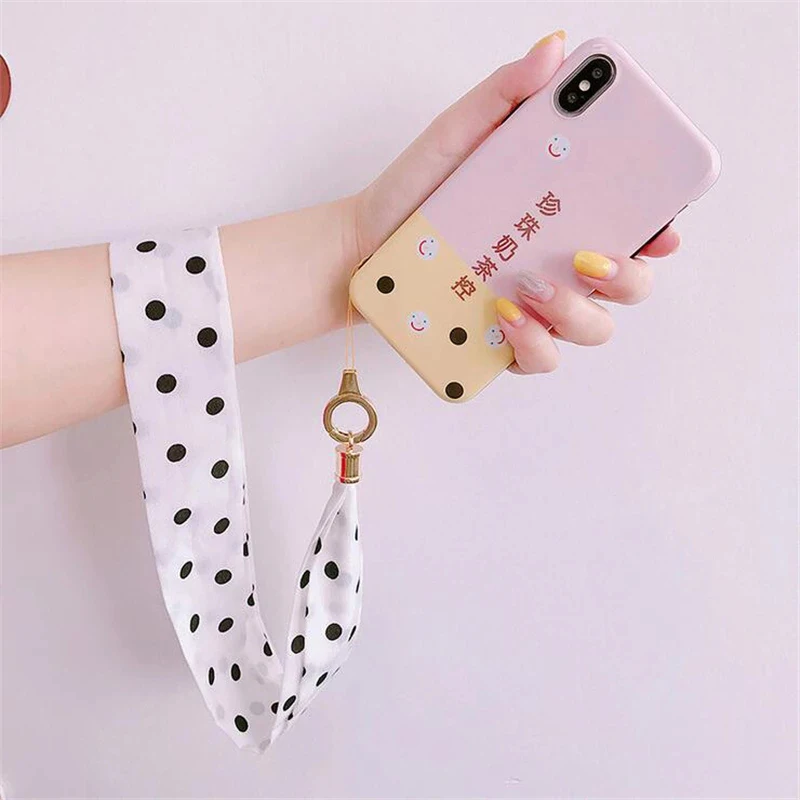 Mobile Phone Silk Hanging Rope Wide Neck Strap Cell Phone Long Lanyard Women Cloth Fabric Cord Necklace For Phone Keys Card Hold