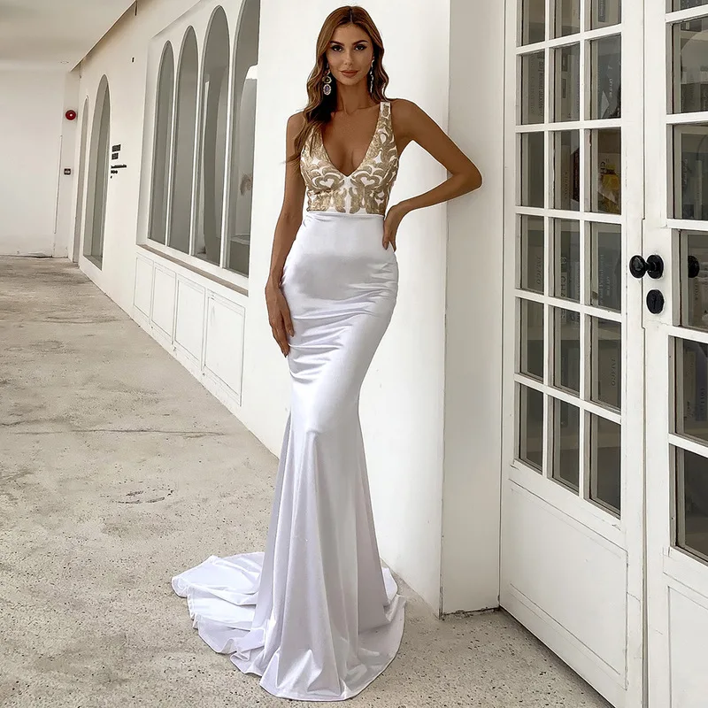 NOVANCE M01111 Sleeveless Satin GOLD SEQUIN strap sexy club long sleeve dresses satin maxi dresses women wholesale maxi dresses