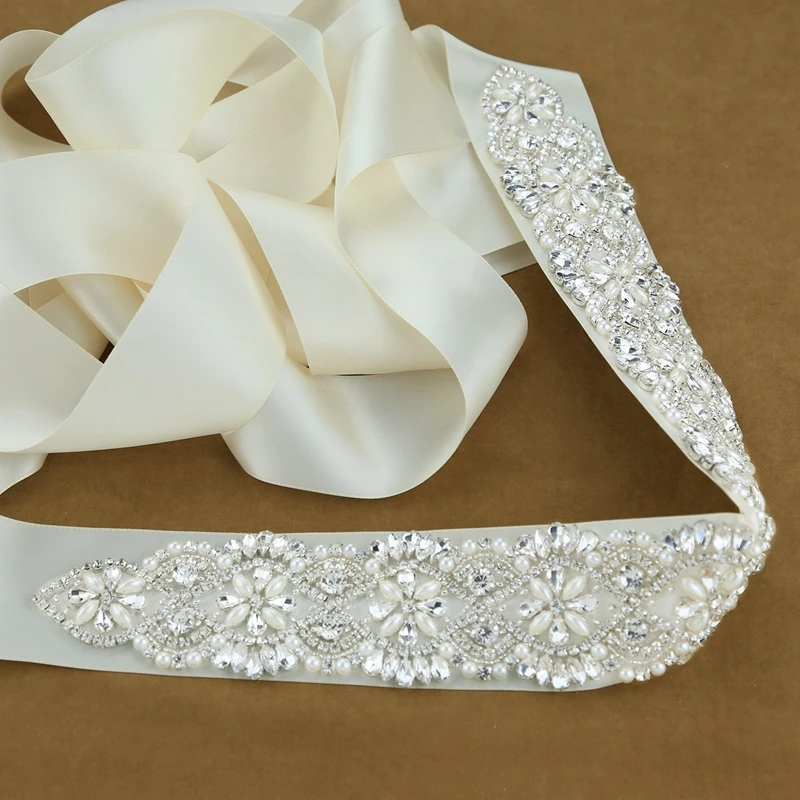 
Hot Sale Pearl Crystal Beaded Flower Bridal Sash Handmade Rhinestone Belt with Ribbon for Bride Bridesmaids formal Dress 