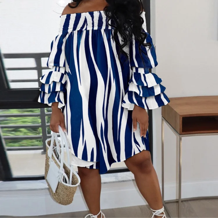 Wholesale Best Sell Products Fashion Casual Fashion One Shoulder Pleated Puff Sleeve Print Dress