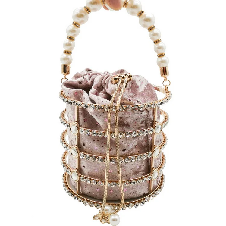
Fashion Shinny Luxury Party Women Pearl Rhinestone Chains Bucket Metal Evening Handbag Clutch Bag Crystal Wedding Handbags 