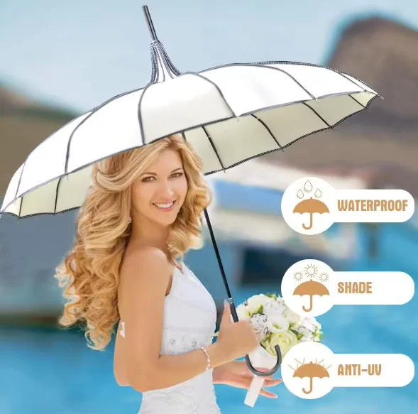 New Design Custom Logo Wedding Straight Umbrella Pagoda Parasol 16 Ribs With Hook Handle Wedding Women Girls White Umbrella