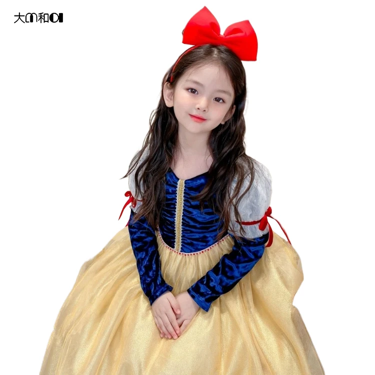 2023-2024 new Girls Snow White dress Canary bubble long sleeve dragon head gold dress