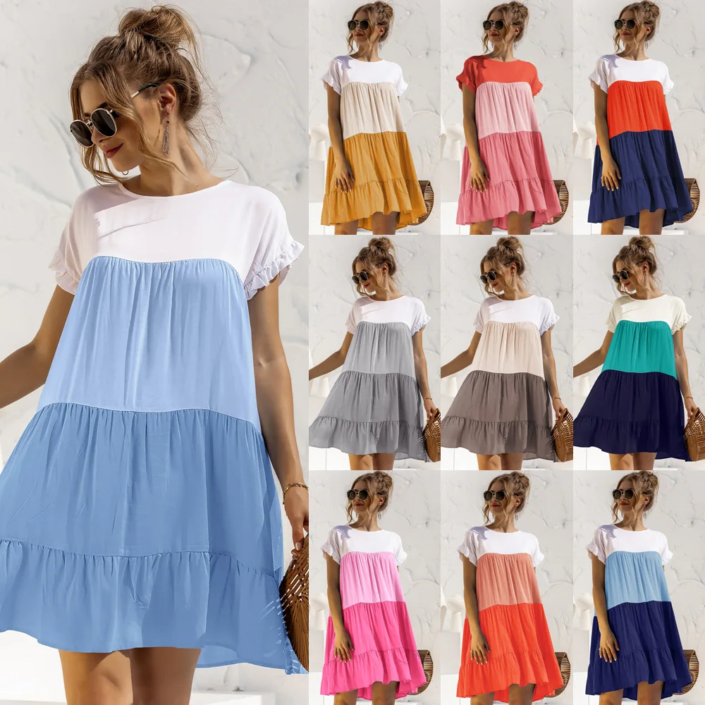 Wholesale Women Summer Casual Ladies Color Matching Loose Satin Short Sleeve T Shirt Dress