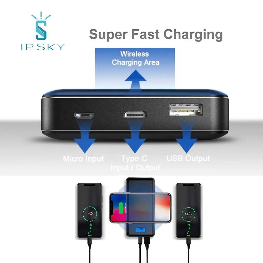 Qi Быстрое беспроводное зарядное устройство 20000 мАч Зарядное для путешествий двойной USB ЖК-дисплей светодиодный внешний аккумулятор мобильного телефона