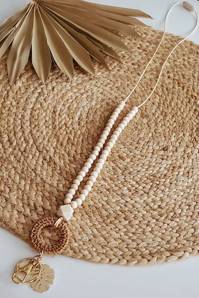 CUSTOM BOHO LANYARD Rattan Wooden Beaded Lanyard With Leaf for Teacher Necklace Handwoven