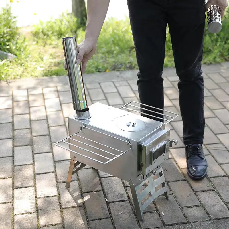 2023 hot 201 Stainless Steel Titanium Camping Stove for Tent, Ultra Light Portable Wood Stove Fast Winter Camping Grill