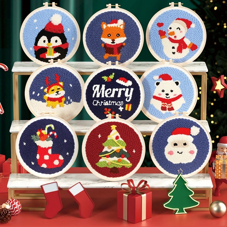 DIY Christmas Punch Needle Embroidery Starter Kit Punch Needle Kits Threader Fabric Embroidery Hoop Yarn Rug