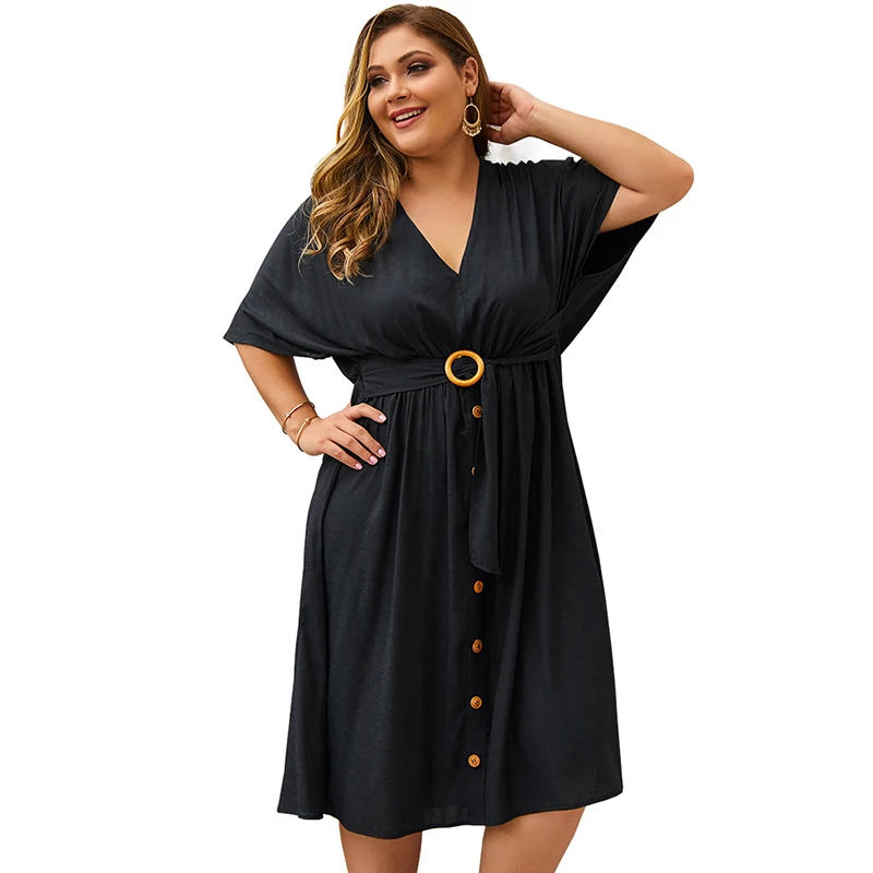 Frock Design Summer Large Size Half Sleeve V Neck Midi Buttondown High-Quality Dresses With Belt African Clothes For Women