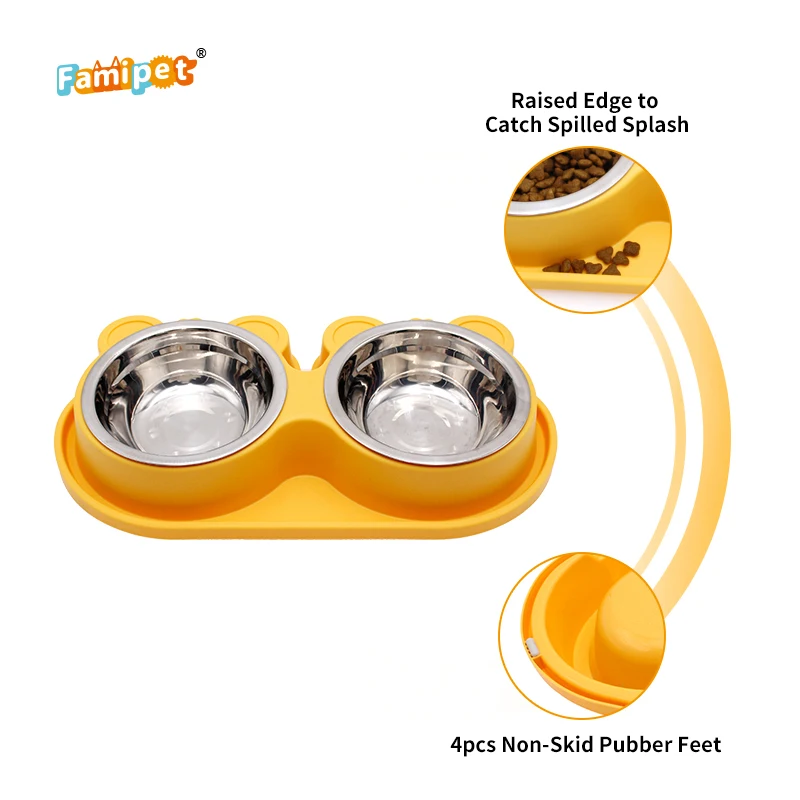 Famipet Custom Non-slip Stainless Steel Pet Dog Feeder Dog Food Bowl with Double Bowls