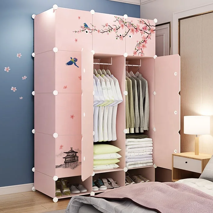 New Product Pp Plastic 5 Layer Portable Closet Accessory With Shoe Rack  Folding Plastic-Wardrobe Pink Wardrobe