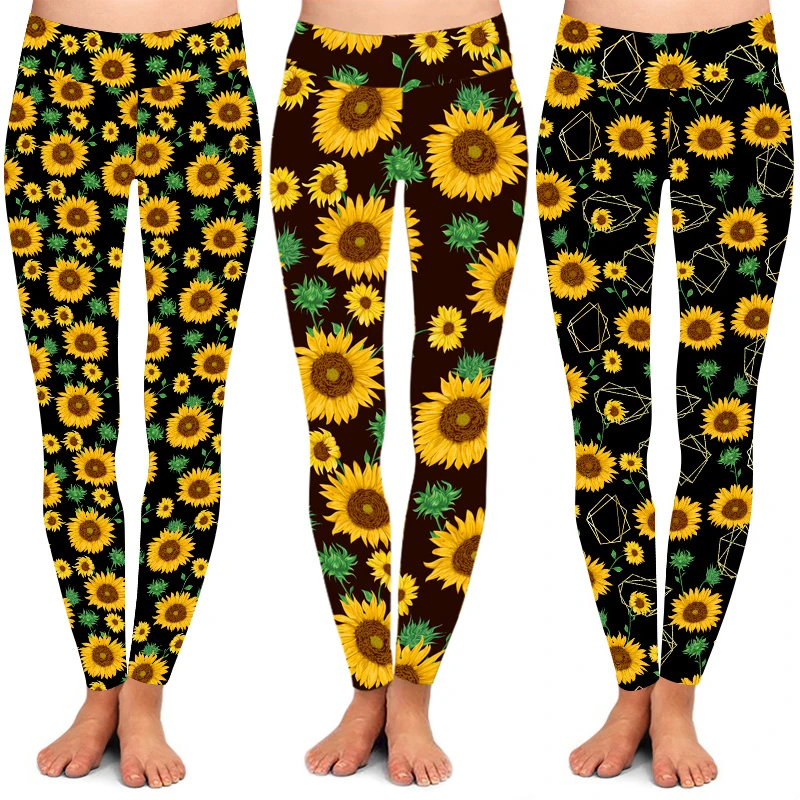 OS TC 92% Polyester 8% Spandex Brown Sunflower Flowers Buds Leaf High Waist Elastic Waist Sunflower Flower Print Leggings