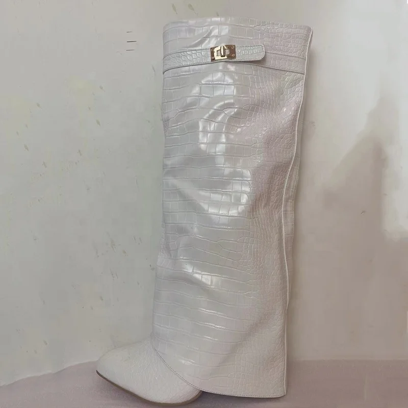 Ins Hot Spring Winter Great Quality Crocodile Print Upper Shoes Booty Knee High Pointy Toe Over-lay Side Zip Women Boots 43