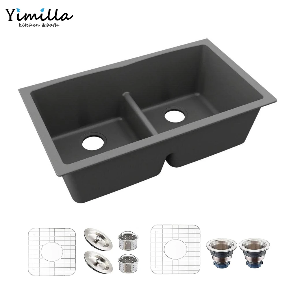 High quality durable Low Divide sink Top Mount Double Equal Bowl Quartz Kitchen Sink in Black
