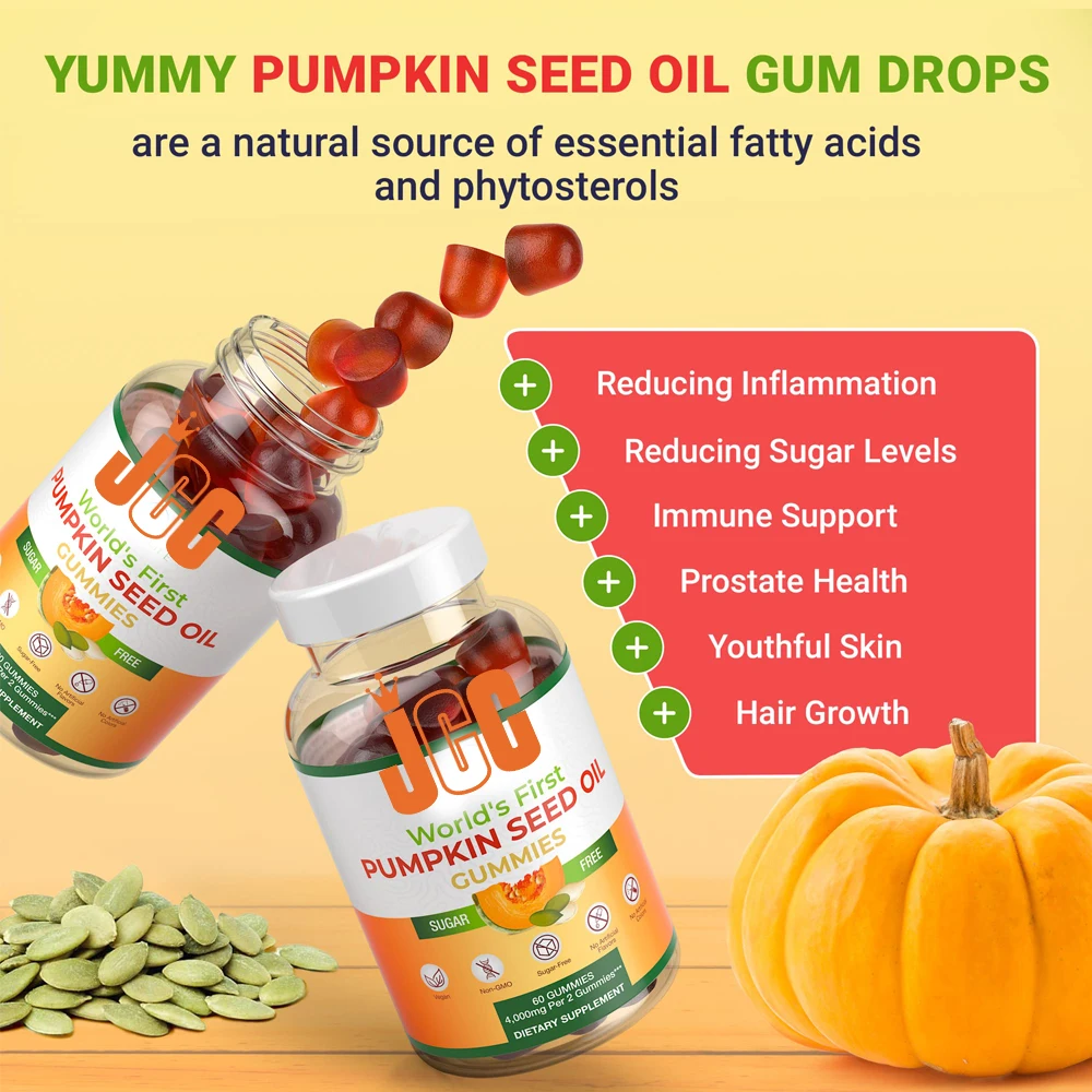 Private label Natural Pumpkin Seed Oil Supplement Gummies with Omega 3 & 6 Boost Metabolism and Hair Skin Health gummies