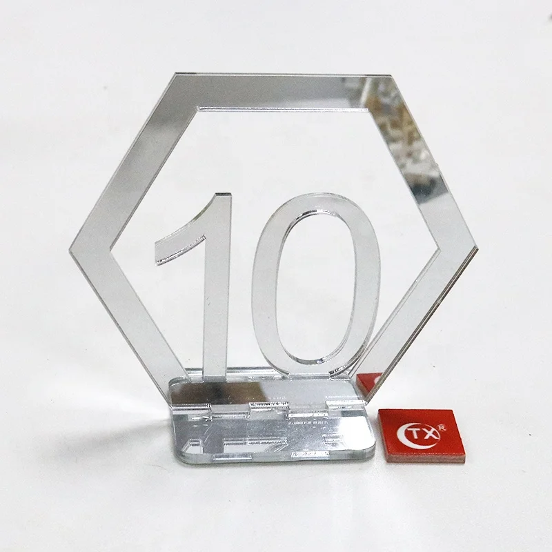 TX Silver Mirror Table Numbers Hexagon Shape  with Holder Base for Wedding, Party, Events Or Catering Reception and Decoration