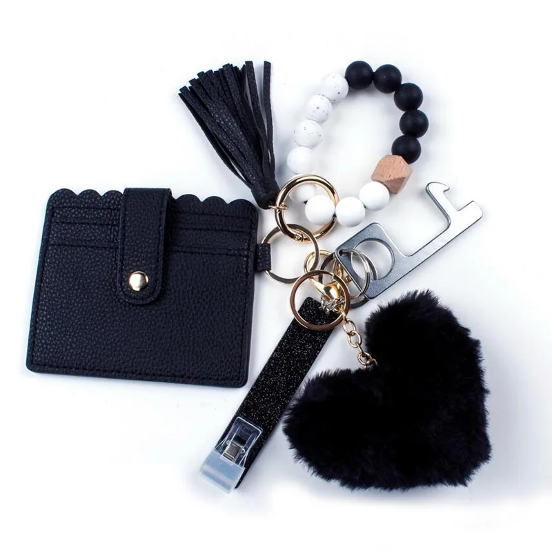 Silicone Bead Bangle Key Ring Card Holder Bracelet 4Sets Keychain With Matching Wristlet Wallet And Card Grabber