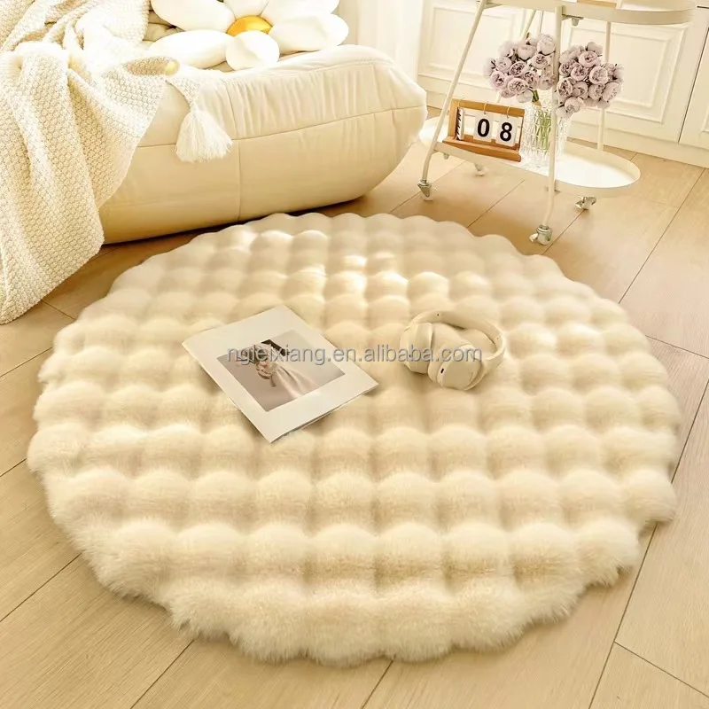 Bubble Round Faux Rabbit Fur Carpet Camel Colour Living Room Faux Rabbit Fur Area Carpet