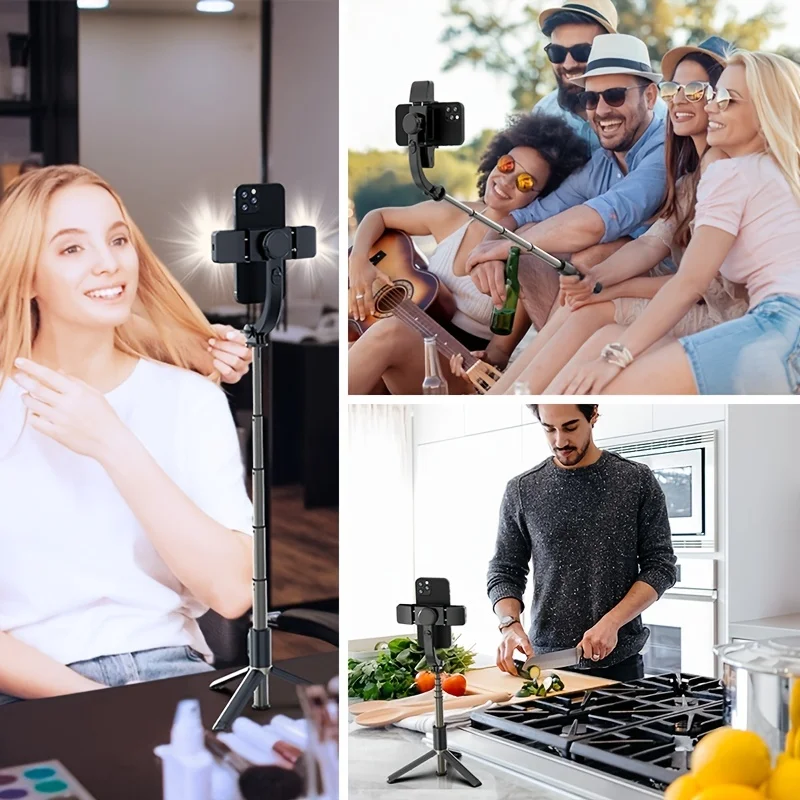 360 Rotation Gimbal Stabilizer Tripod Stand Smart Selfie Stick Mobile Phone Mount With 2 Led Fill Light Remote Control 3 In 1