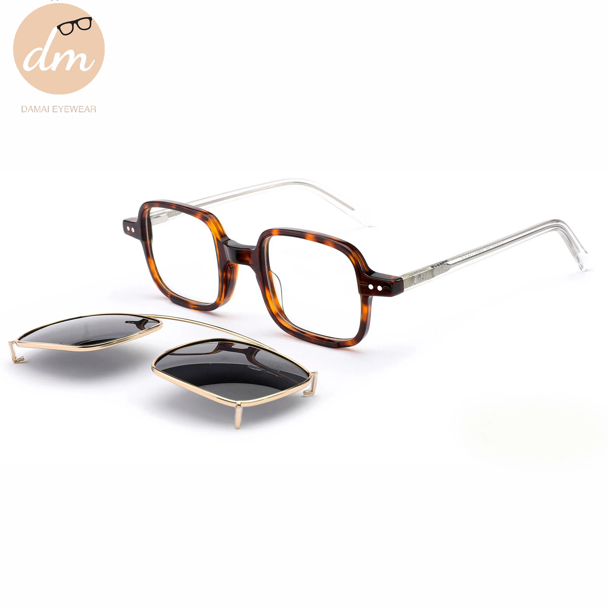 Retro Rectangle 0.74 TAC Polarized Acetate and Metal Clip on Sunglasses Shades Custom Logo