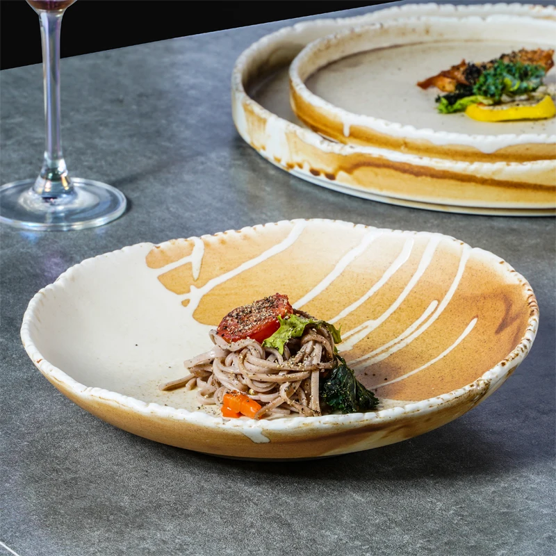 YAYU Creative Restaurant Brown Salad Plate Soup Dishes Vintage Pottery Round Khaki Speckle Clay Plate Ceramic Deep Dinner Plates