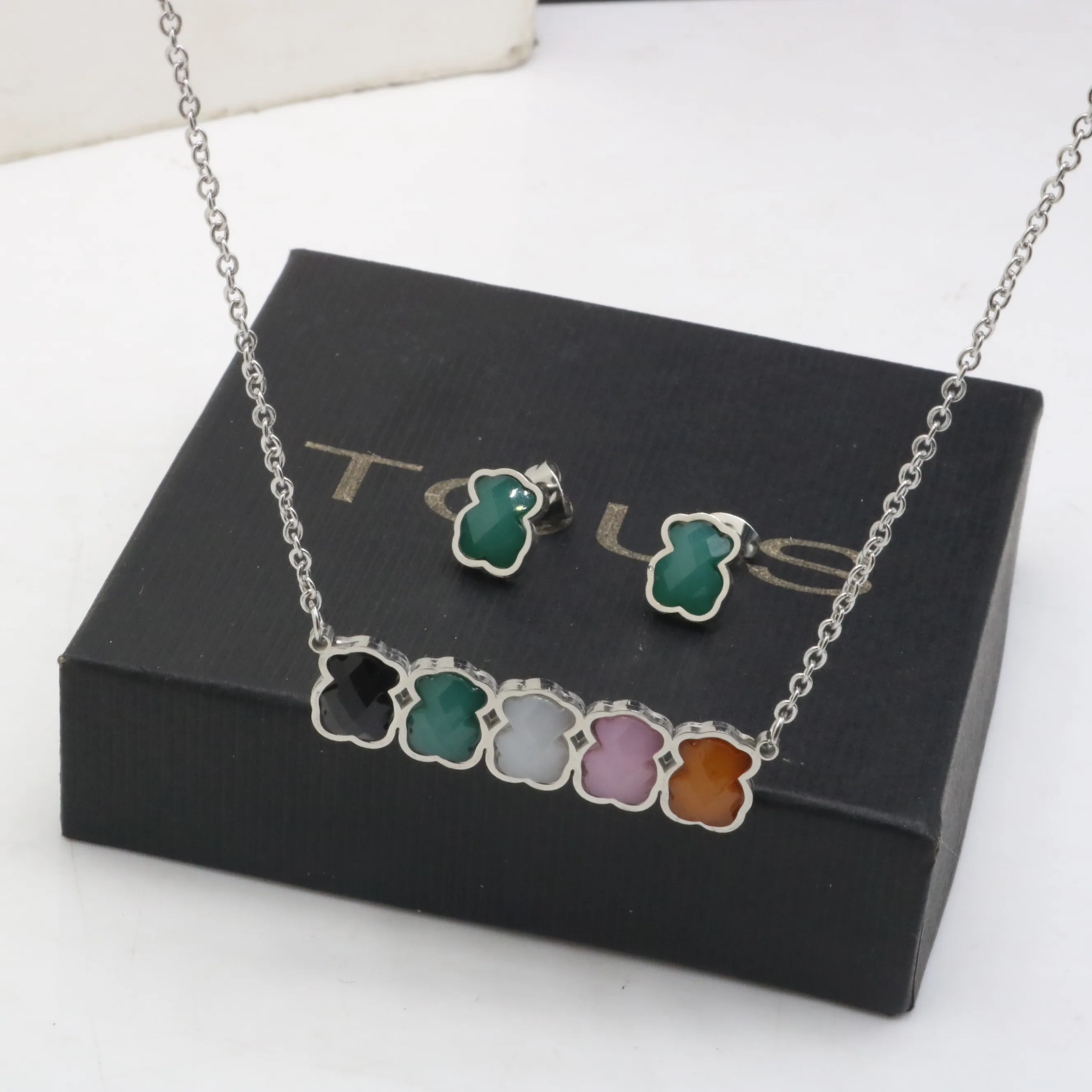 
AFXSION High Quality Titanium Steel Jewelry Color Crystal Bear Pendant Necklace and Earring Gold Jewelry Set 