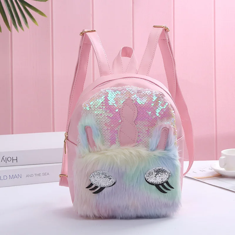 
In stock 2021 wholesale fashion New Cute plush leather Sequins Girls Backpack School Bags for girls can customized 