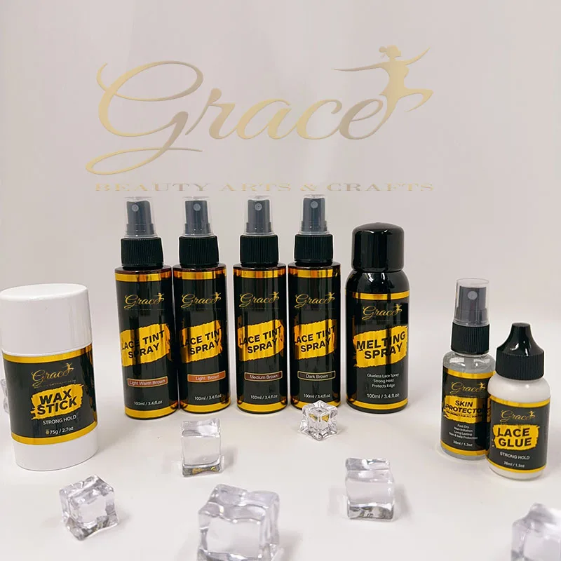Private Label Gold Stamping Luxury Sticker Wig Install 4 colors Lace Tint Spray Wax Stick Skin Protector Lace Glue Melting Spray