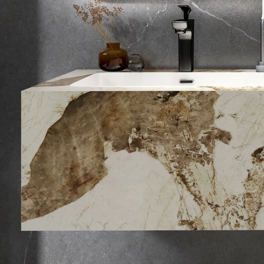 New design rock beam basin Mural Solid Surface Sink Wall Hung Marble Wash sintered stone Sink Vanity cabinet with mirror