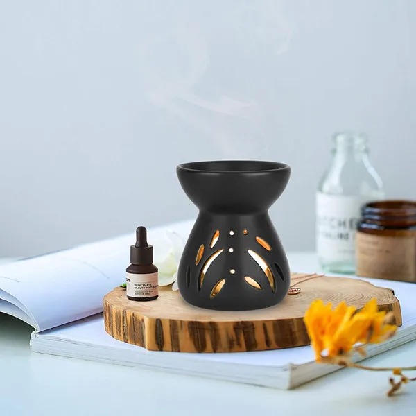 Hot sale ceramic oil burner wax melt warmer matte glaze black candle melt holder