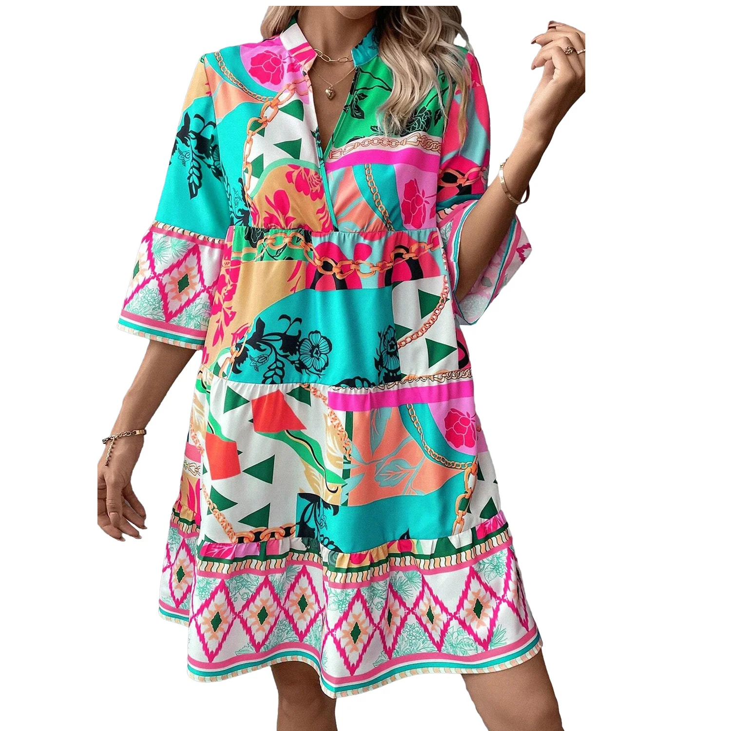 2024 Wholesale Chic Clothes Customized Summer Multicolour Boho Abstract Print Flowy Tiered Dress