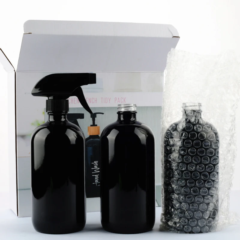 500ml 16oz Glossy Black Boston Round Glass Spray Bottle with Trigger Sprayer