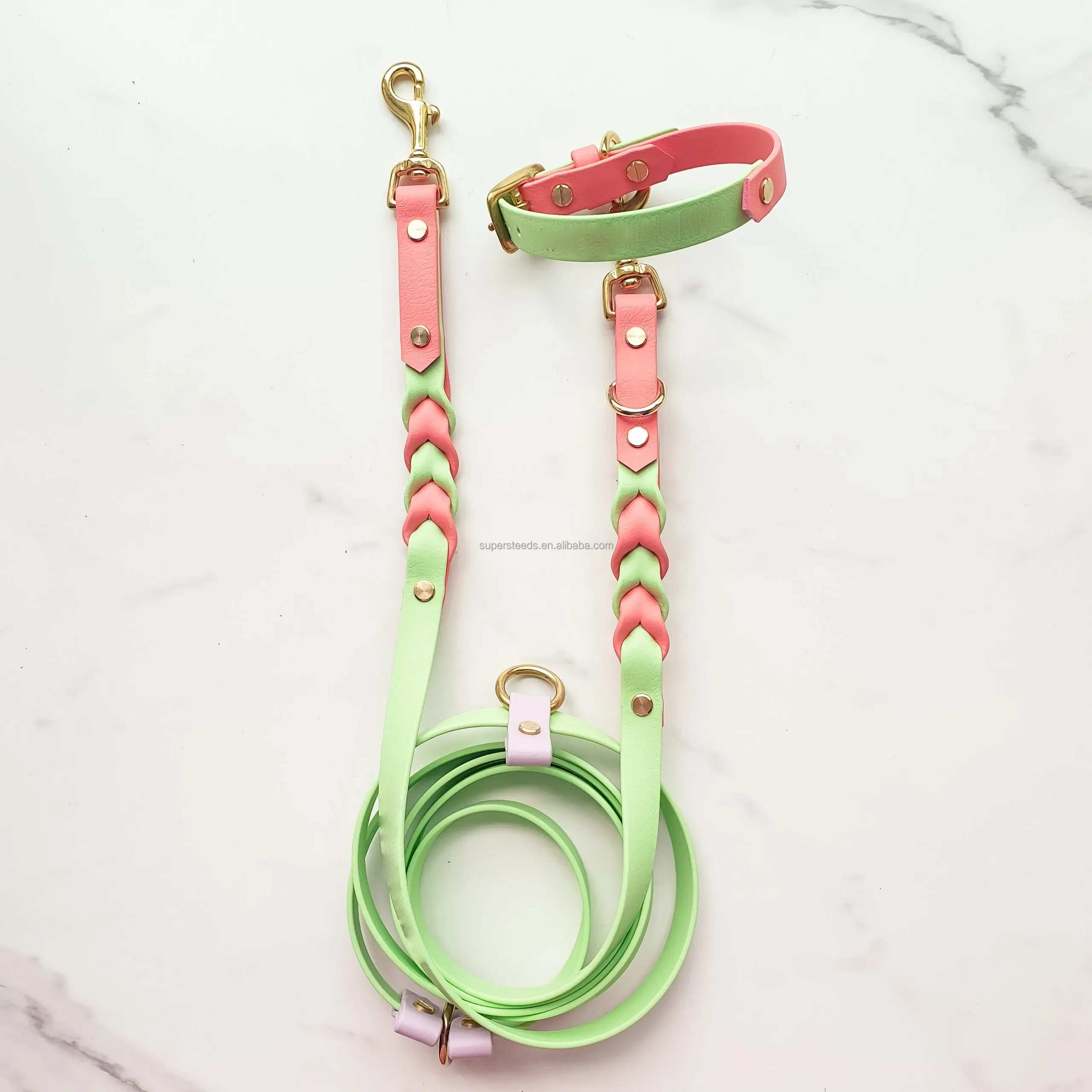 Waterproof abrasion resistant braided design hands free dog line made from a polyester webbing with a TPU or PVC coating