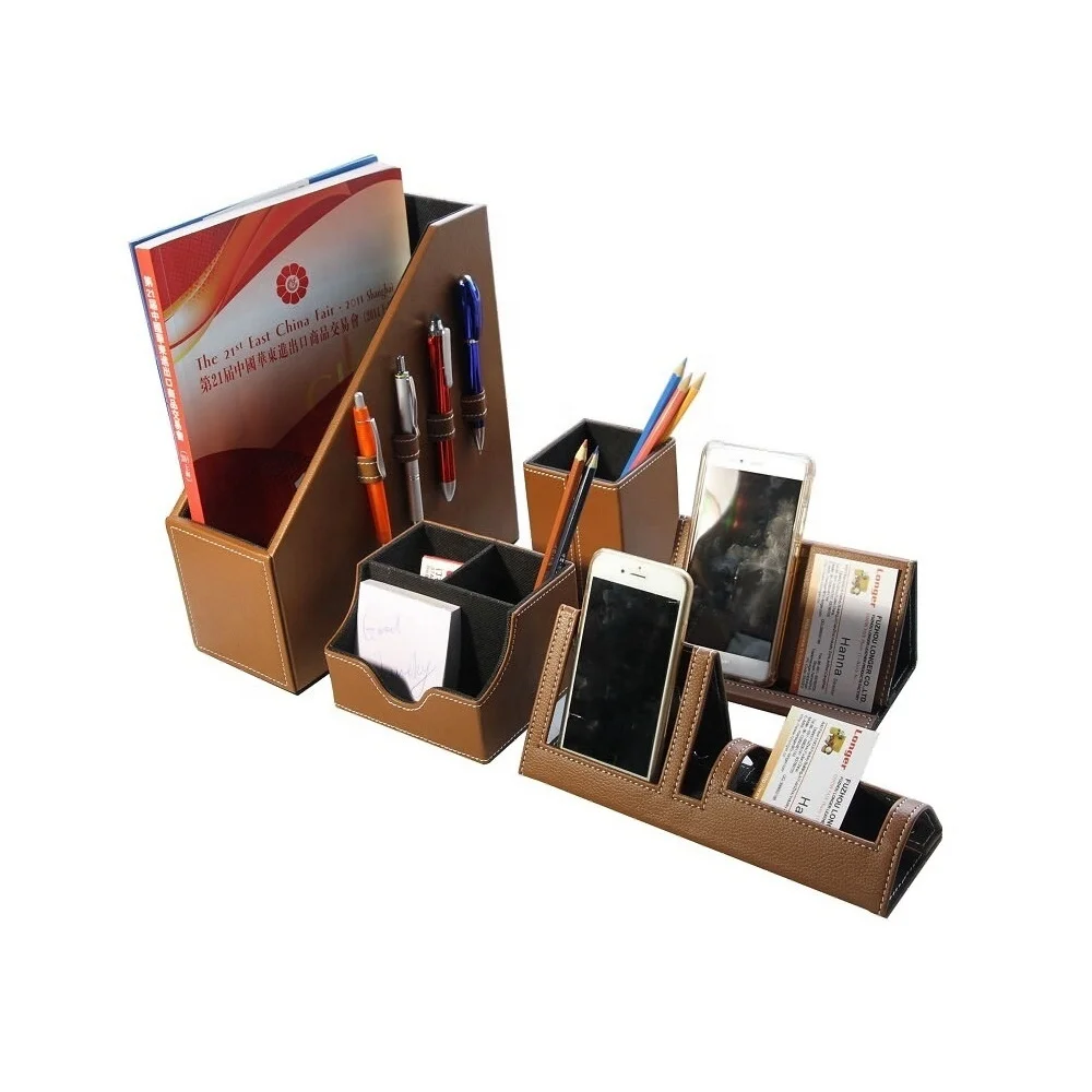 LG891 Manufacture Handmade High Quality Office PU Leather Stationery Gift Set Office Desktop Organizer Set